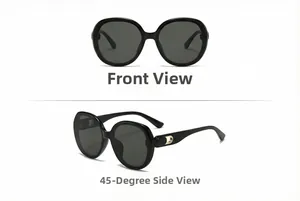 Front and 45-degree side view of square black sunglasses with gold oval temple accents