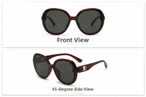 Front and 45-degree side views of square burgundy nylon sunglasses with grey lenses