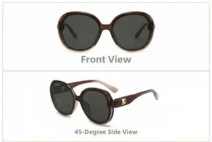 Detail view of square oversized sunglasses with gradient brown frames and gold hinge