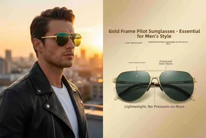 Detail view of gold aviator sunglasses featuring 7-layer polarized anti-glare lenses
