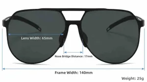 Detailed size specifications for pilot sunglasses: 65mm lens width and 25g lightweight frame