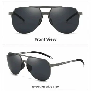 Front and 45-degree angle views of classic gunmetal aviator sunglasses with polarized lenses