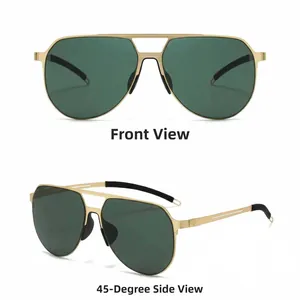 Close-up of golden aviator sunglasses with green lenses and double bridge detail