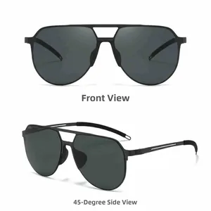 Front and 45-degree angle views of black aviator polarized sunglasses with matte frame