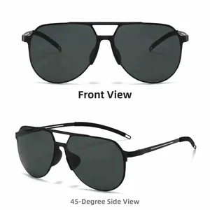 Front and 45-degree side views of black pilot polarized sunglasses with nylon lenses