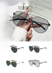 Macro detail of pilot sunglasses showing frame size 65-17-140 and assorted color options