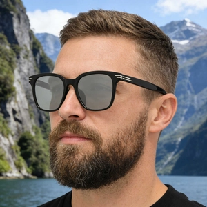Men's square polarized sunglasses with silver metal trim details and black frames