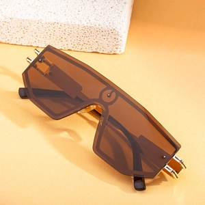 Fashionable oversized brown wrap-around sunglasses with gold metal hinges on warm background