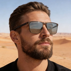 Men's square polarized nylon sunglasses with bronze metal frame for outdoor wear