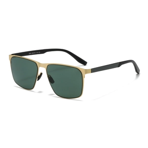 Square nylon polarized sunglasses for men with gold metal frame and dark green lenses