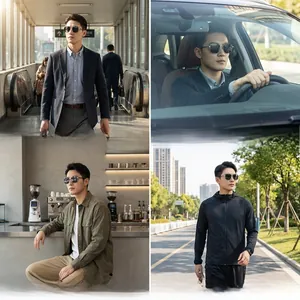 Men's square polarized sunglasses shown in driving, business, and outdoor sport scenarios