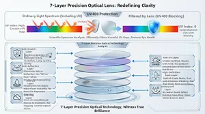 Exploded view of 7-layer composite optical lens with UV400 and anti-scratch coating
