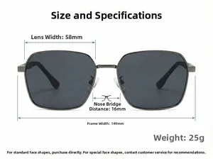 Close-up of square metal sunglasses with dimensions: 58mm lens and 149mm frame width