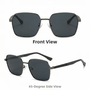 Detailed front and 45-degree angle views of gunmetal frame square sunglasses