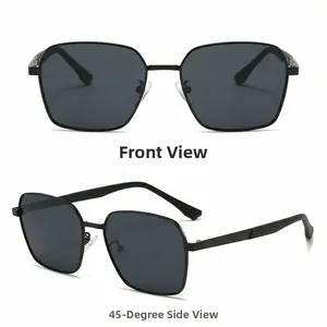 Front and side view of stylish square frame sunglasses with black metal frames and dark lenses