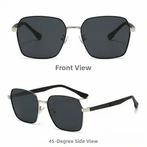 Front and 45-degree angle views of silver metal square frame sunglasses with grey lenses