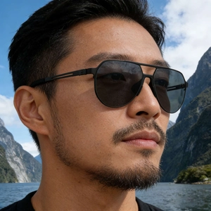 Classic black pilot polarized sunglasses for men with a metal frame in an outdoor setting