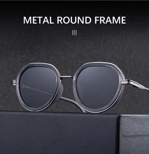 Detail of vintage punk sunglasses featuring side shields and a metallic round frame