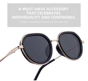 Detailed view of black oval sunglasses featuring elegant gold metal stripe accents