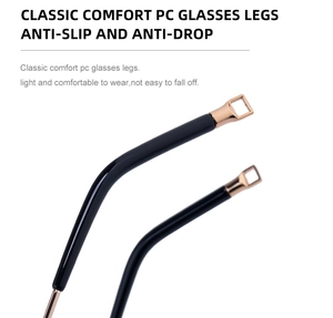 Detail of eyeglass temple tips with anti-slip square cutout design in PC and metal