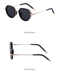 Dual-angle view of vintage oval sunglasses with black frames and gold metal temples