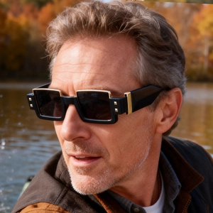 Detail of black rectangular sunglasses with golden metal rivets and dark tinted lenses