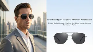 Macro detail of 7-layer polarized optical lenses on silver frame aviator sunglasses