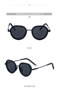Detailed views of matte black oval sunglasses with gray lenses from front and 45-degree angles