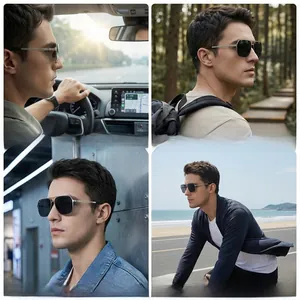 Men's square polarized sunglasses shown in driving, hiking, and seaside scenarios