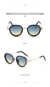 Detail of oval punk sunglasses with black gold frame and blue-yellow gradient lens