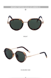 Close-up of brown tortoise sunglasses with gold temples and dark green G15 lenses