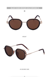 Front and side view of oval punk sunglasses with gold metal frame and dark brown lenses