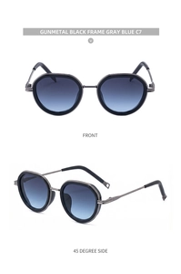 Gunmetal black oval sunglasses with gray blue gradient lenses shown from front and side
