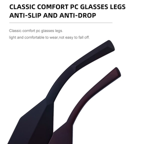 Detail showing anti-slip PC temples for square sunglasses with matte finish and light feel