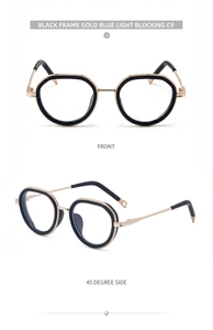 Front and 45-degree side views of black and gold oval blue light blocking glasses