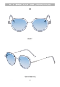 Detail of oval punk sunglasses featuring silver metal frames and blue gradient lenses