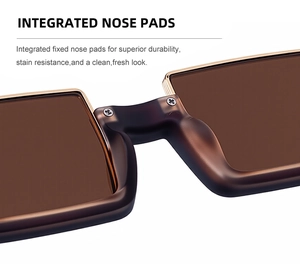 Macro detail of square sunglasses with integrated nose pads and metal bridge reinforcement