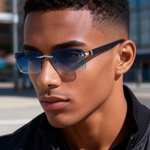 Rahmenlose Sonnenbrille mit blauen Verlaufsgläsern und Bügeln in Holzoptik mit Panther