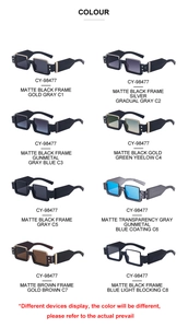 Detailed grid of square sunglasses in various matte frame colors and tinted lenses