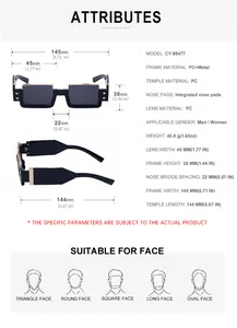 Detailed sizing chart and material specs for square frame fashion sunglasses