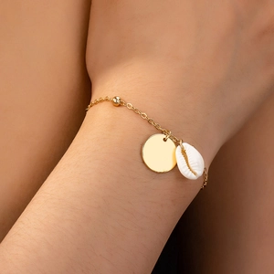 Bracciale A Catena In Lega Con Ciondolo A Conchiglia E Disco Lucido Perline Dorate Gioielli Da Spiaggia Boho Per Donna