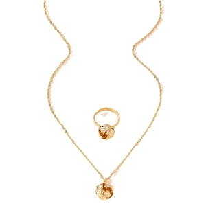 Elegant gold twisted knot jewelry set featuring matching necklace and ring for women