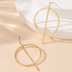 Minimalist gold geometric circle and long bar earrings with polished metallic finish