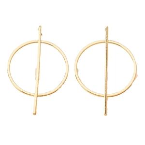 Minimalist bright gold geometric drop earrings featuring a sleek vertical bar and open circle