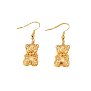 Cute gold-plated 3D teddy bear drop earrings with frosted metallic finish and ear hooks