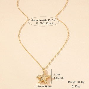 Golden starfish pendant necklace with detailed size chart and adjustable 45+7cm chain