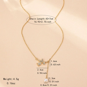 Elegant gold-tone rose necklace with crystal leaves and a white drop pearl pendant