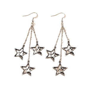 Elegant retro silver star tassel earrings with layered chains for women party wear