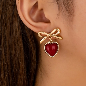 Alloy Bowknot Heart Drop Earrings For Women Elegant Sweet Fashion Jewelry Vintage Style Resin Faux Artificial Pearl Accessories