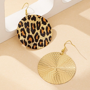 Fashionable leopard print circular earrings with gold textured metal and hook design
